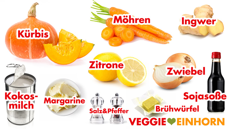 Kürbis, Ingwer, Kokosmilch, Zitrone, Sojasoße und Möhren