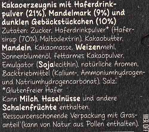 Zutaten Lindt Hello Sorte Cookie Zutaten der veganen Schokolade Lindt Hello Sorte Cookie