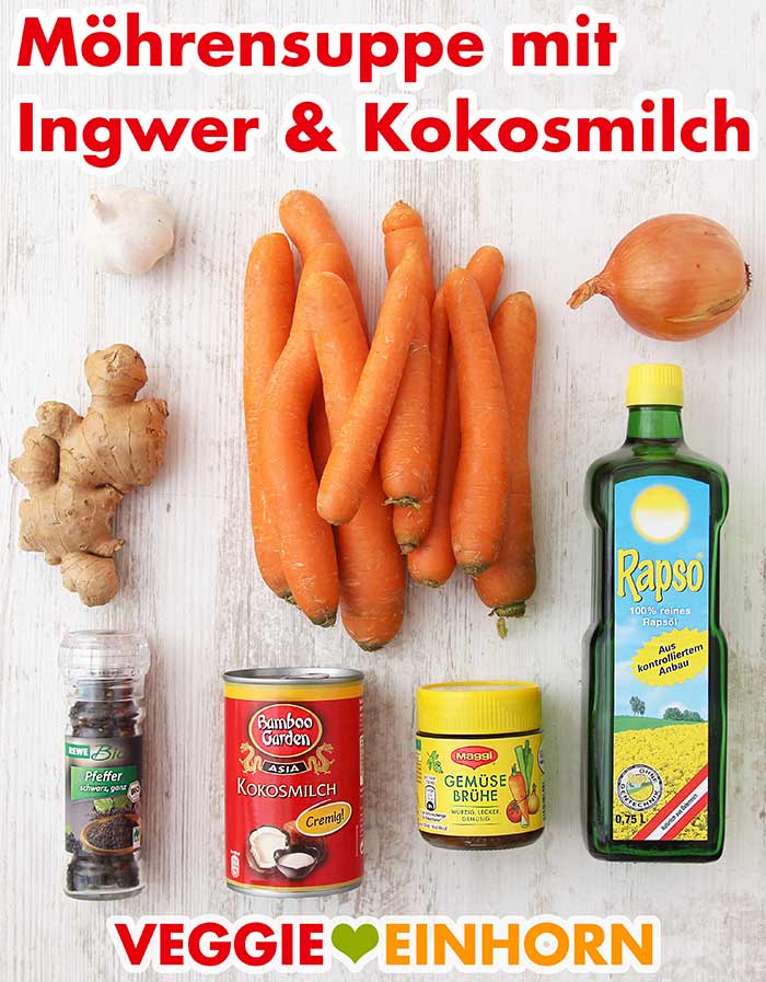 Knoblauch, Ingwer, Karotten, Zwiebel, Rewe Bio Pfeffer, Bamboo Garden Kokosmilch, Maggi Gemüsebrühe, Rapso Rapsöl Knoblauch, Ingwer, Möhren, Zwiebel, Pfeffer, Kokosmilch, Gemüsebrühe Pulver, Öl