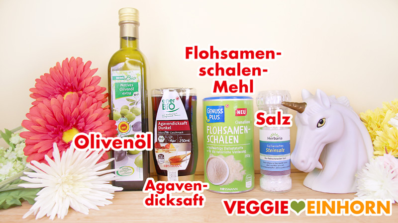 Olivenöl, Agavendicksaft, Flohsamenschalen, Salz