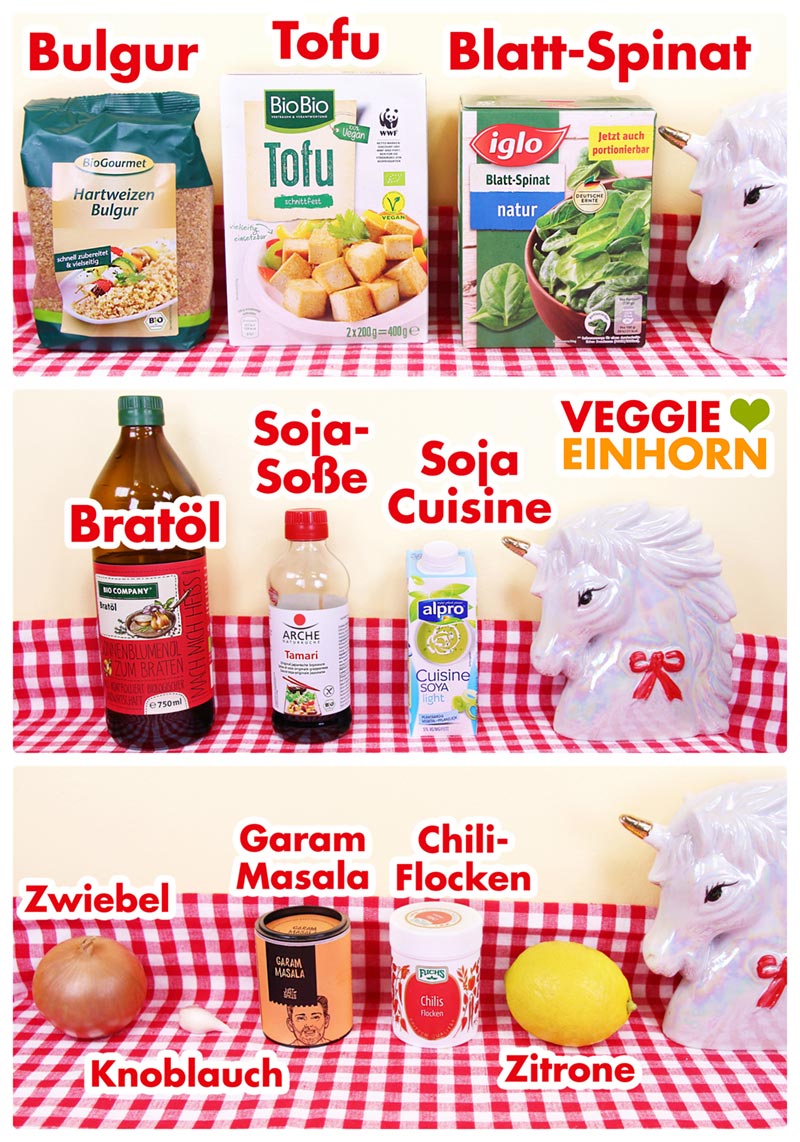 Vegan kochen: Einfaches veganes Rezept BULGUR-PFANNE mit SPINAT und TOFU | Schnell, einfach und lecker | Veganes Rezept mit Schritt-für-Schritt Foto Anleitung und VIDEO. #VeggieEinhorn