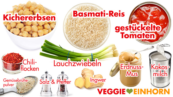Zutaten Kichererbsen, Kokosmilch aus der Dose, Erdnussmus, Basmati Reis