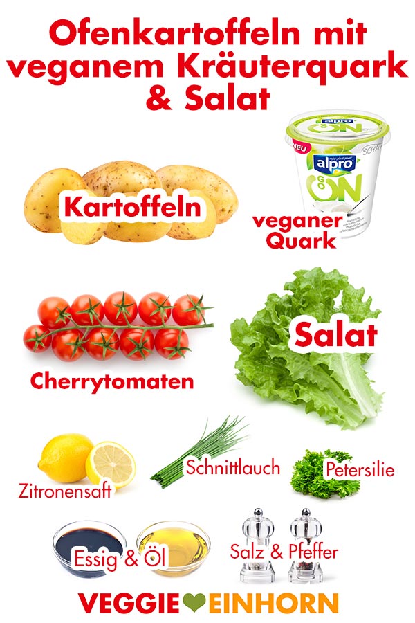 Zutaten für Ofenkartoffeln mit veganem Kräuterquark und Salat