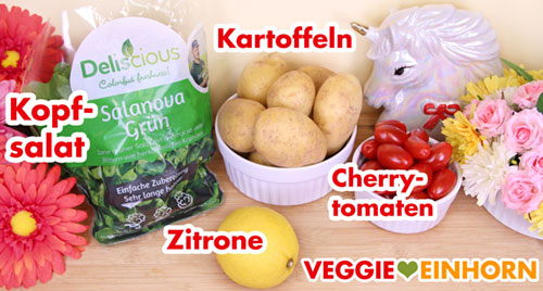 Kopfsalat, Kartoffeln, Cherrytomaten, Zitrone