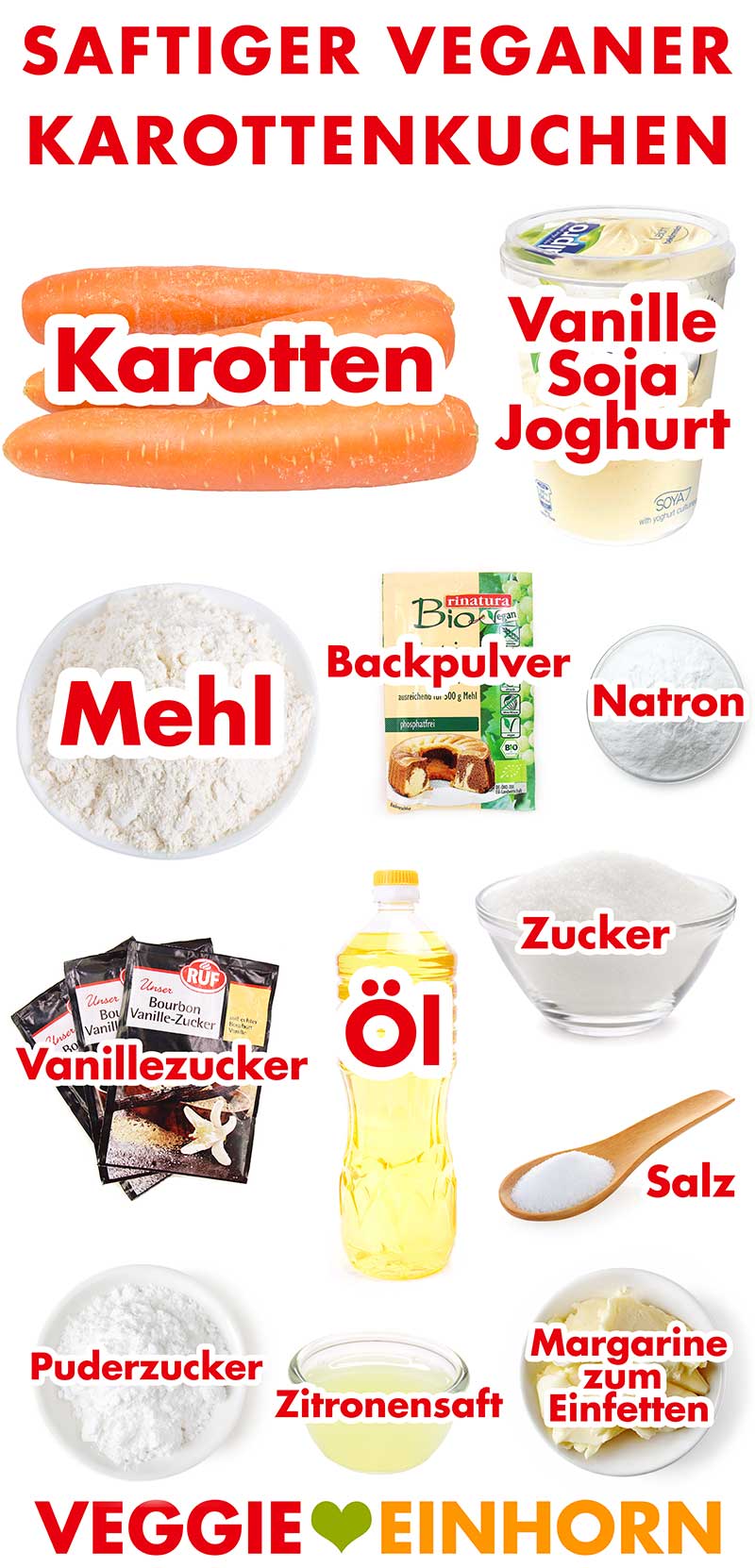 Zutaten für saftigen veganen Karottenkuchen