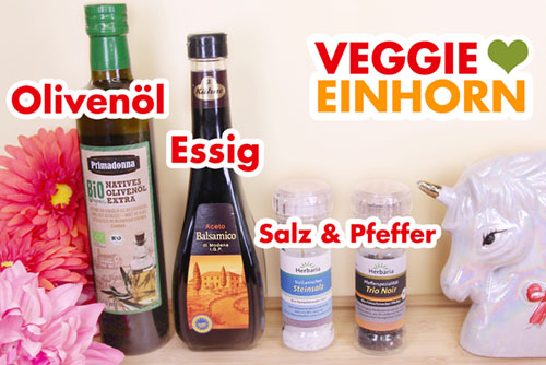 Olivenöl, veganer Aceto Balsamico Essig, Salz und Pfeffer