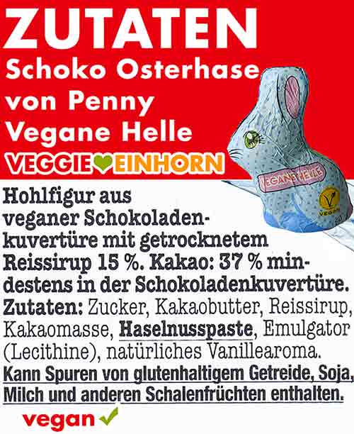 Zutatenliste der vegane Helle Schokohasen von Penny Zutaten der veganen Osterhasen von Penny