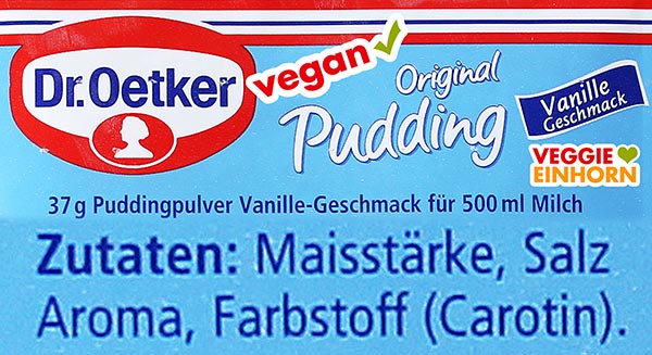 Vegane Zutatenliste des Puddingpulvers von Dr. Oetker Zutaten Dr. Oetker Vanillepuddingpulver