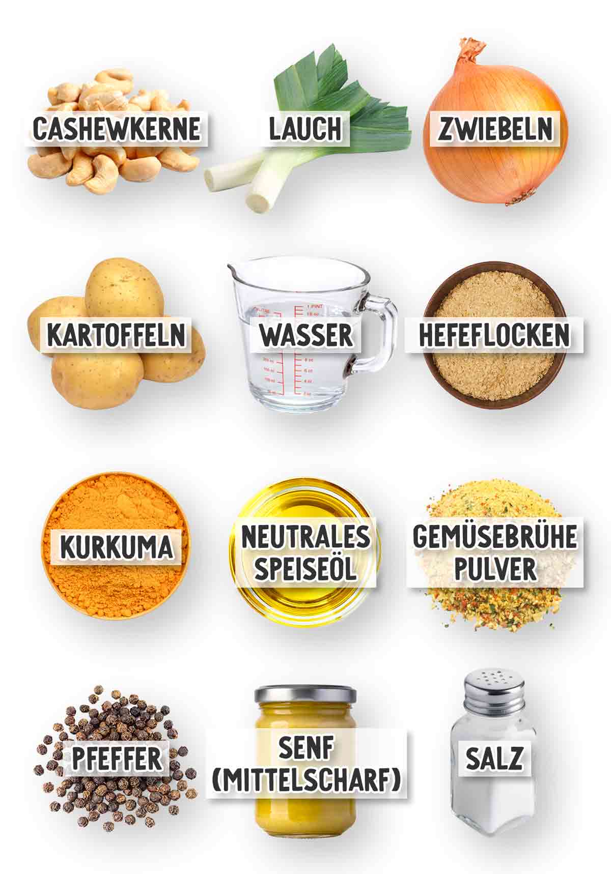 Zutaten für vegane Käse-Lauch-Suppe mit Kartoffeln