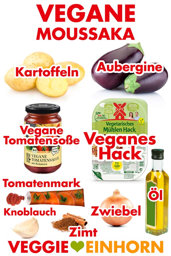 Zutaten für vegane Moussaka mit Auberginen, Kartoffeln und Hackfleisch Zutaten für vegane Moussaka mit Auberginen, Kartoffeln und Hackfleisch