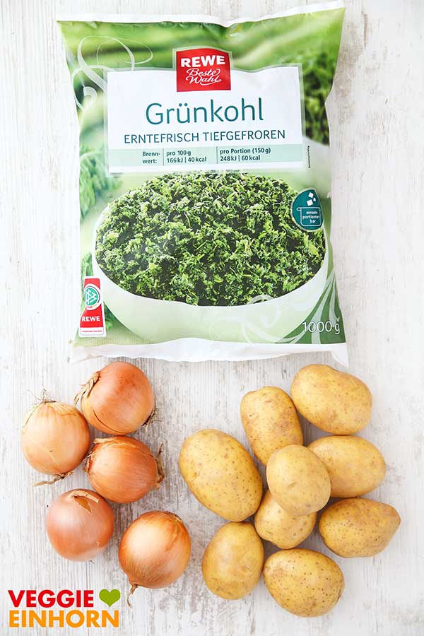 Tiefgekühlter Grünkohl, Zwiebeln, Kartoffeln