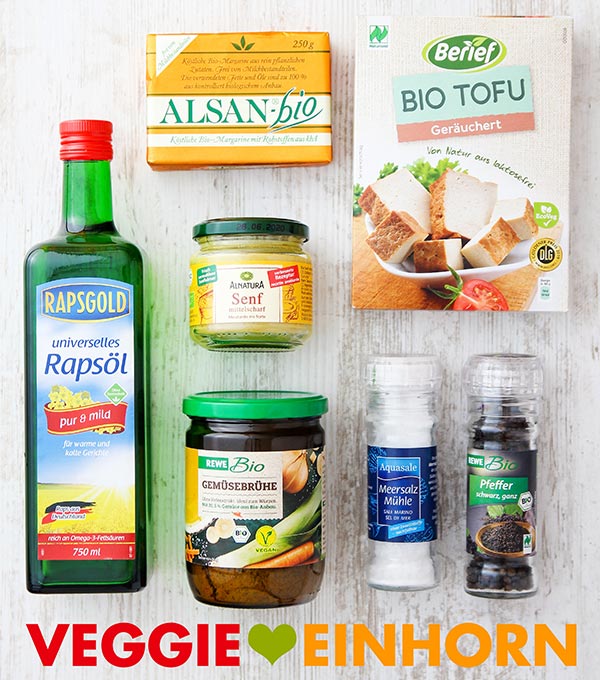 Bratöl, Räuchertofu, Senf, Margarine