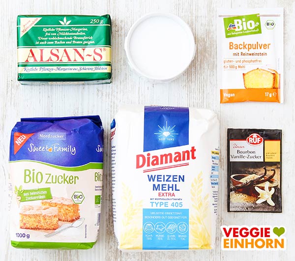Alsan-S, Salz, dm Bio Weinsteinbackpulver, Nordzucker Sweet Family Bio Zucker, Diamant Mehl, RUF Vanillezucker Vegane Butter, Mehl, Zucker, Weinsteinbackpulver, Vanillezucker