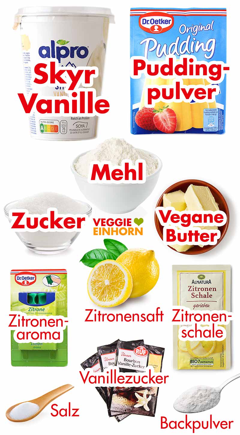 Veganer Vanille Skyr, Vanillepuddingpulver, Mehl, Zucker, vegane Butter, Zitronenaroma, Zitronensaft, Zitronenschale, Salz, Vanillezucker, Backpulver Zutaten für veganen Käsekuchen mit Alpro Skyr Style