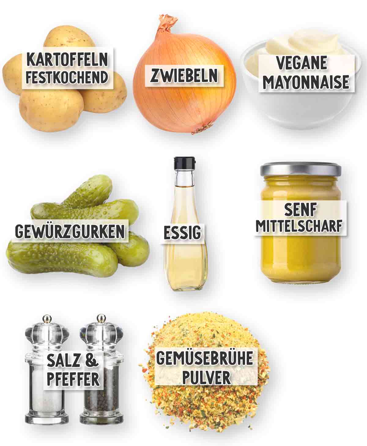 Zutaten für veganen Kartoffelsalat: festkochende Kartoffeln, Zwiebeln, vegane Mayonnaise, Gewürzgurken, Essig, mittelscharfer Senf, Salz, Pfeffer und Gemüsebrühe Pulver – jeweils einzeln abgebildet und beschriftet.