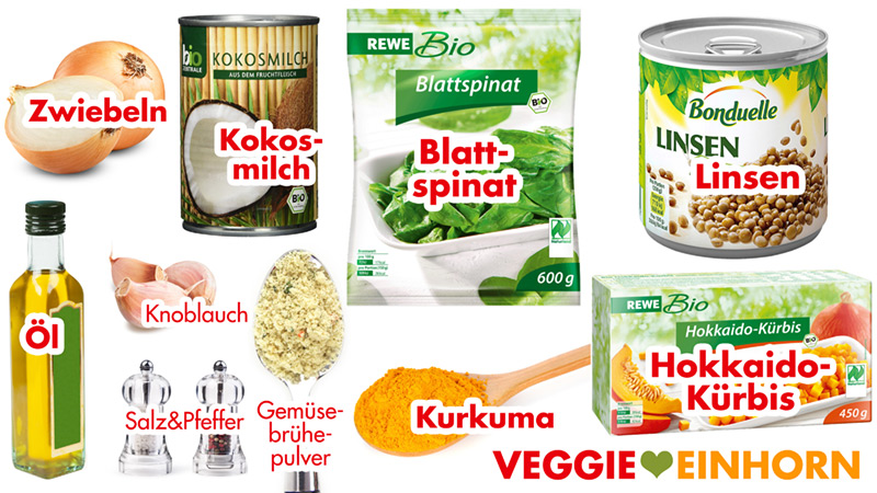Zutaten für den Kürbis Spinat Eintopf mit Linsen und Kokosmilch Zutaten für den Kürbis Spinat Eintopf