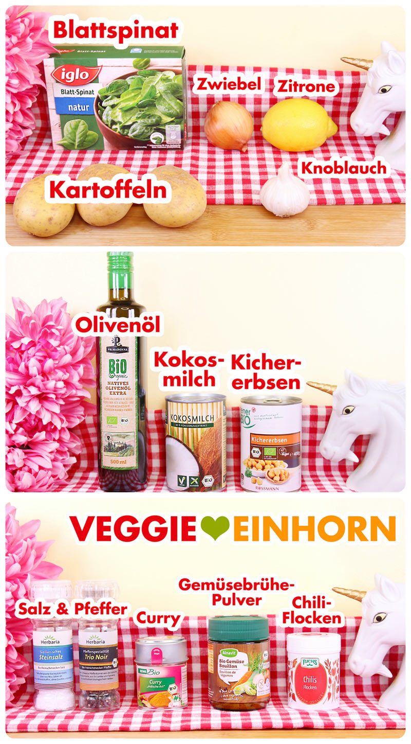 Lebensmittel für vegane Kartoffel Spinat Suppe Verwendete Produkte für Spinatsuppe mit Kokosmilch