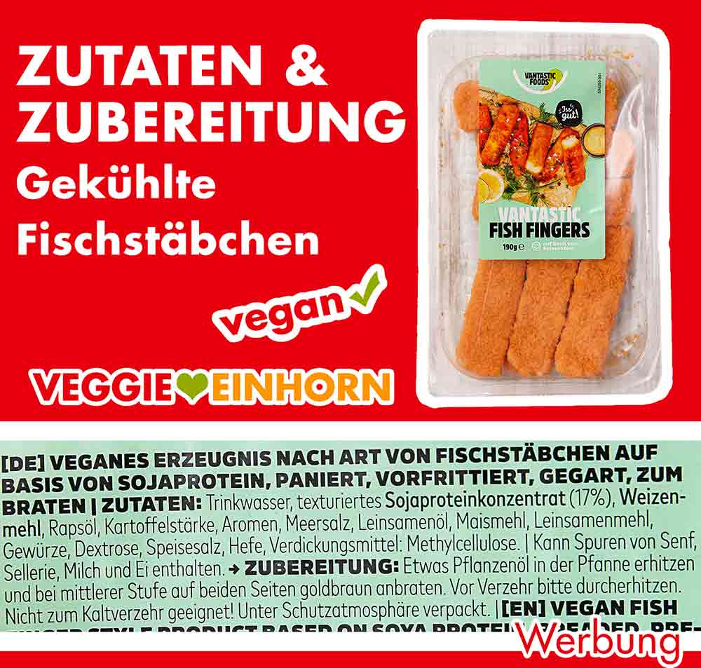 Inhaltsstoffe der vegetarischen Fischstäbchen von Vantastic Foods Zutaten und Zubereitung von Vantastic Foods Fish Fingers