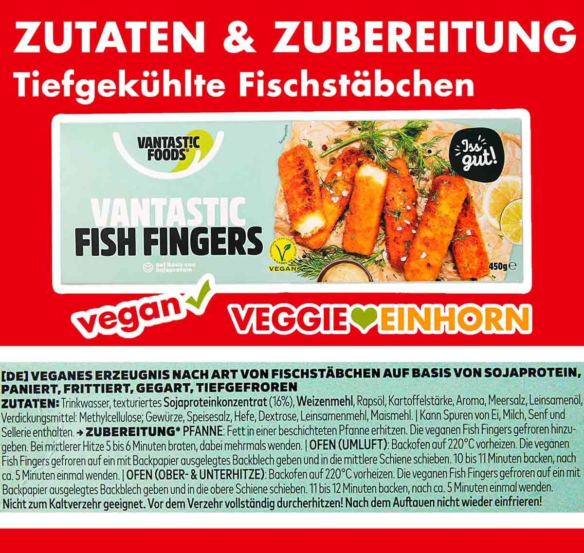 Zutaten der veganen Fischstäbchen von Vantastic Foods Zutaten und Zubereitung von veganen Fischstäbchen von Vantastic Foods