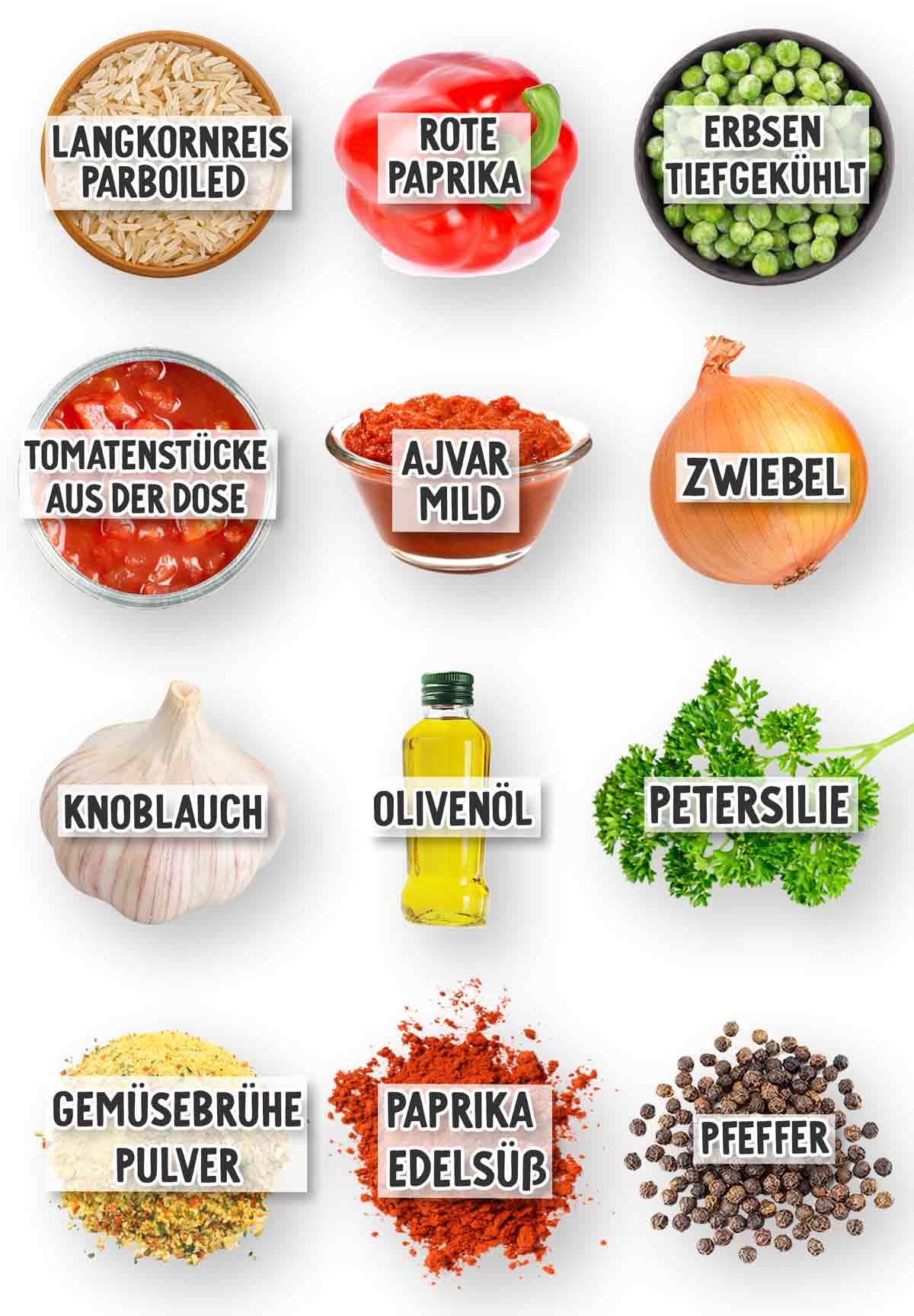 Übersicht der Zutaten für Djuvec-Reis mit Bildern und Beschriftungen. Enthalten sind Langkornreis (Parboiled), rote Paprika, tiefgekühlte Erbsen, Tomatenstücke aus der Dose, milder Ajvar, Zwiebel, Knoblauch, Olivenöl, Petersilie, Gemüsebrühe-Pulver, edelsüßes Paprikapulver und Pfeffer.