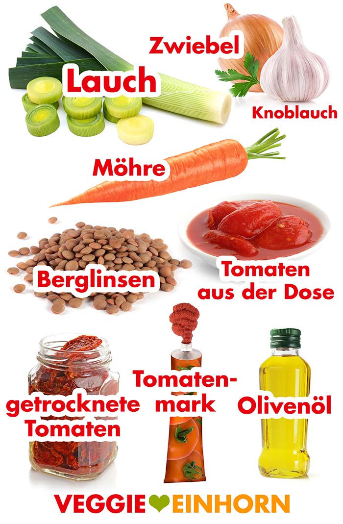 Zutaten für vegane Linsen Bolognese mit Lauch und getrockneten Tomaten