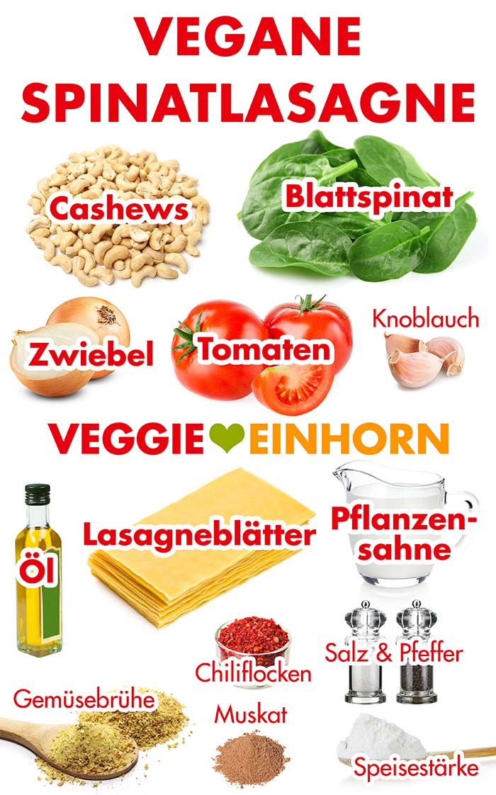 Zutaten für vegane Spinatlasagne mit Tomaten und Cashews