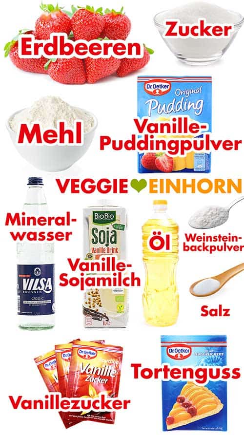Zutaten für einfachen veganen Erdbeerkuchen mit Vanillepudding Zutaten für einfachen veganen Erdbeerkuchen mit Vanillepudding