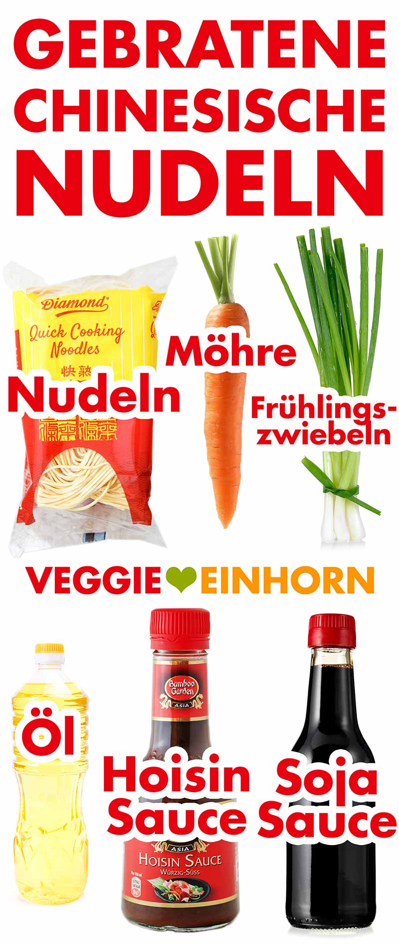 Quick Cooking Noodles, Möhre, Frühlingszwiebeln, Öl, Hoisin Sauce, Sojasauce Zutaten für gebratene chinesische Nudeln