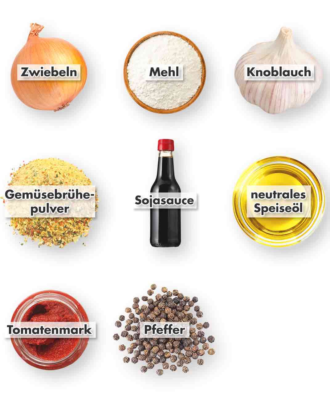 Zutaten für eine vegane Bratensoße, angeordnet in einem Raster: Zwiebeln, Mehl, Knoblauch, Gemüsebrühepulver, Sojasauce, neutrales Speiseöl, Tomatenmark und Pfeffer, jeweils mit Beschriftung.