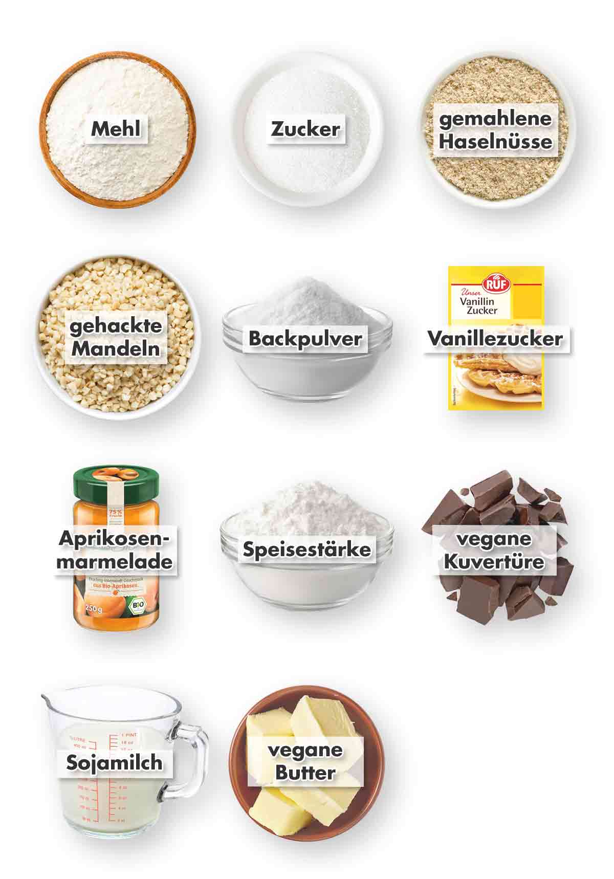 Mehl, Zucker, gemahlene Haselnüsse, gehackte Mandeln, Backpulver, Vanillezucker, Aprikosenkonfitüre, Speisestärke, vegane Kuvertüre, Sojamilch, vegane Butter Zutaten für vegane Nussecken