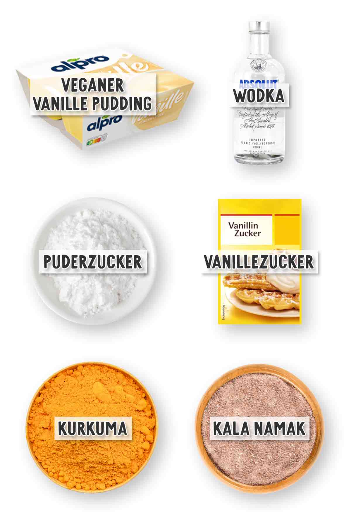 Collage von beschrifteten Zutaten für veganen Eierlikör: Alpro Vanillepudding, Wodka, Puderzucker, Vanillezucker, Kurkuma, Kala Namak.