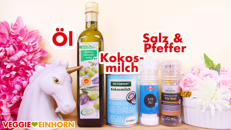 Rewe Bio Olivenöl, Bio Company Kokosmilch, Bad Reichenhaller Alpensalz, Herbaria Trio Noir Pfeffer Olivenöl, Kokosmilch, Salz und Pfeffer