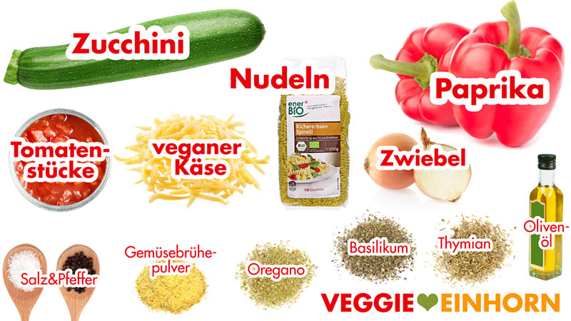 Zutaten Zucchini, Paprika, Nudeln, veganer Käse