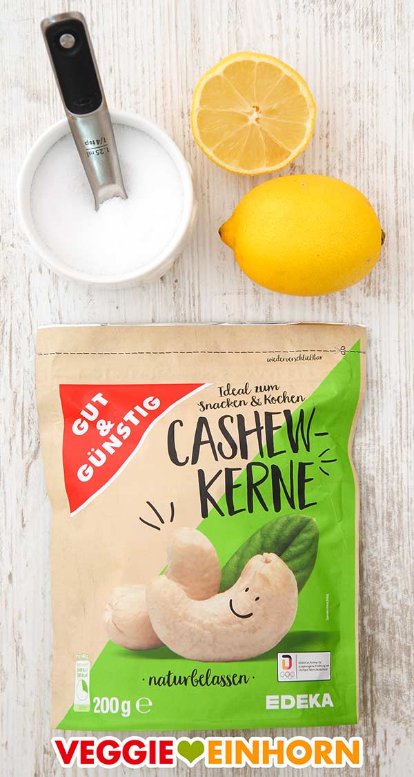 Salz, Zitronen und naturbelassene Cashewkerne von Edeka Gut und Günstig Salz, Zitrone und eine Packung Cashewkerne