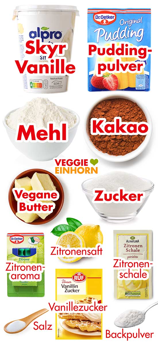 Veganer Vanille Skyr, Vanillepuddingpulver, Mehl, Kakao, vegane Butter, Zucker, Zitronenaroma, Zitronensaft, Zitronenschale, Salz, Vanillinzucker, Backpulver Zutaten für veganen russischen Zupfkuchen