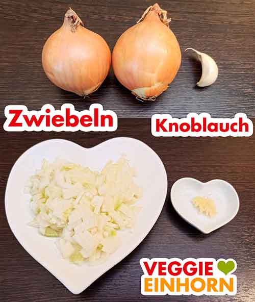 Zwiebeln würfeln und Knoblauch pressen Zwei Zwiebeln und eine Zehe Knoblauch