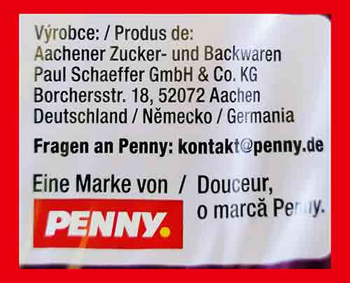 Hersteller Adresse auf den veganen Dominosteinen von Penny Douceur Aachener Zucker- und Backwaren Paul Schaeffer GmbH & Co. KG, Borchersstr. 18,, 52072 Aachen