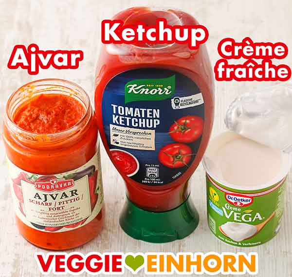 Podravka Ajvar, Knorr Tomatenketchup und Dr. Oetker Creme vega Ajvar, Ketchup und vegane Crème fraîche