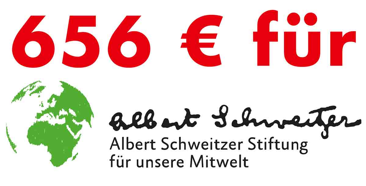 Veggie Einhorn spendet 656 Euro an die Albert Schweitzer Stiftung für unsere Mitwelt. Spende an die Albert Schweitzer Stiftung für unsere Mitwelt