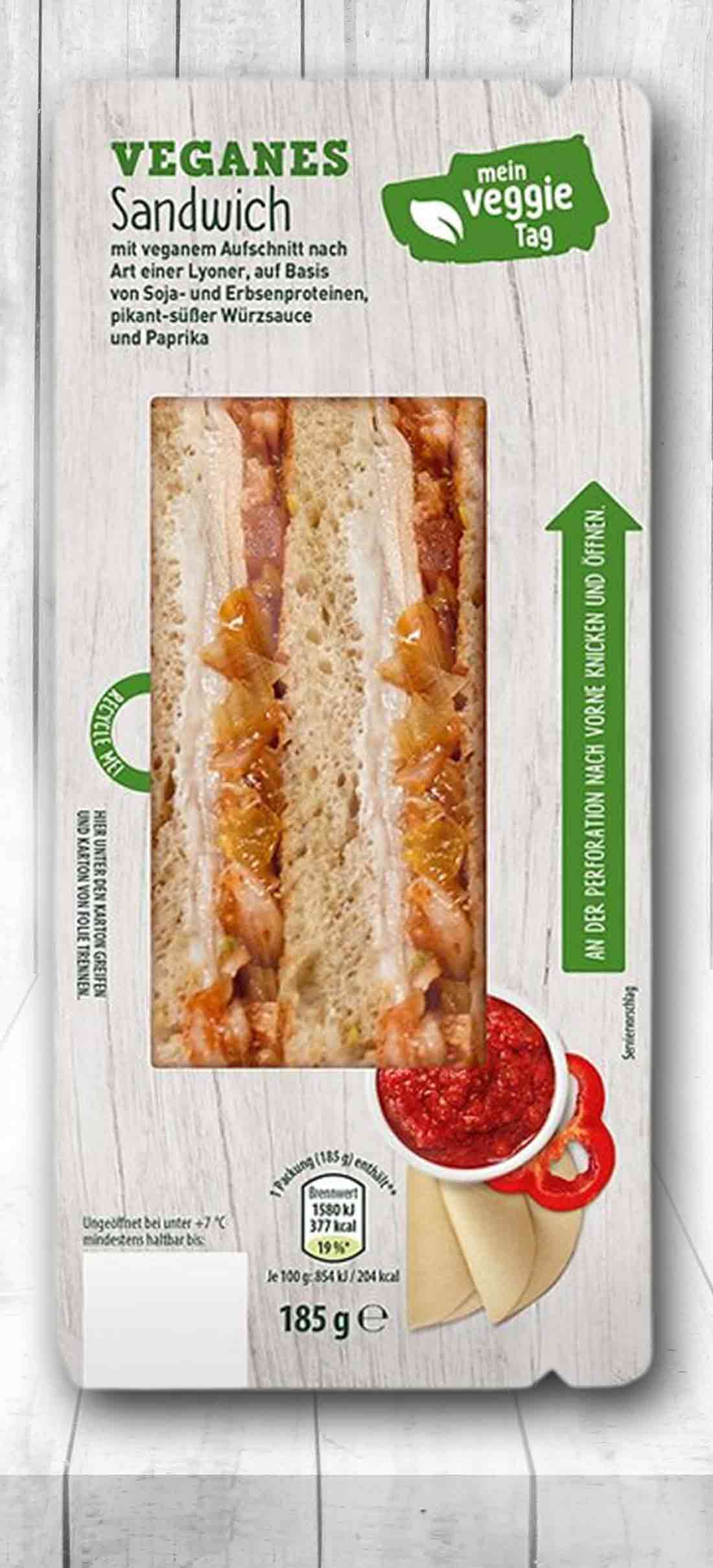 Das vegane Sandwich von Mein Veggie Tag gibt es bei Aldi Nord und Aldi Süd. Aldi Mein Veggie Tag Veganes Sandwich