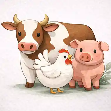 Illustration einer Kuh, eines Huhns und eines Schweins, die nebeneinander stehen und freundlich nach vorne schauen.