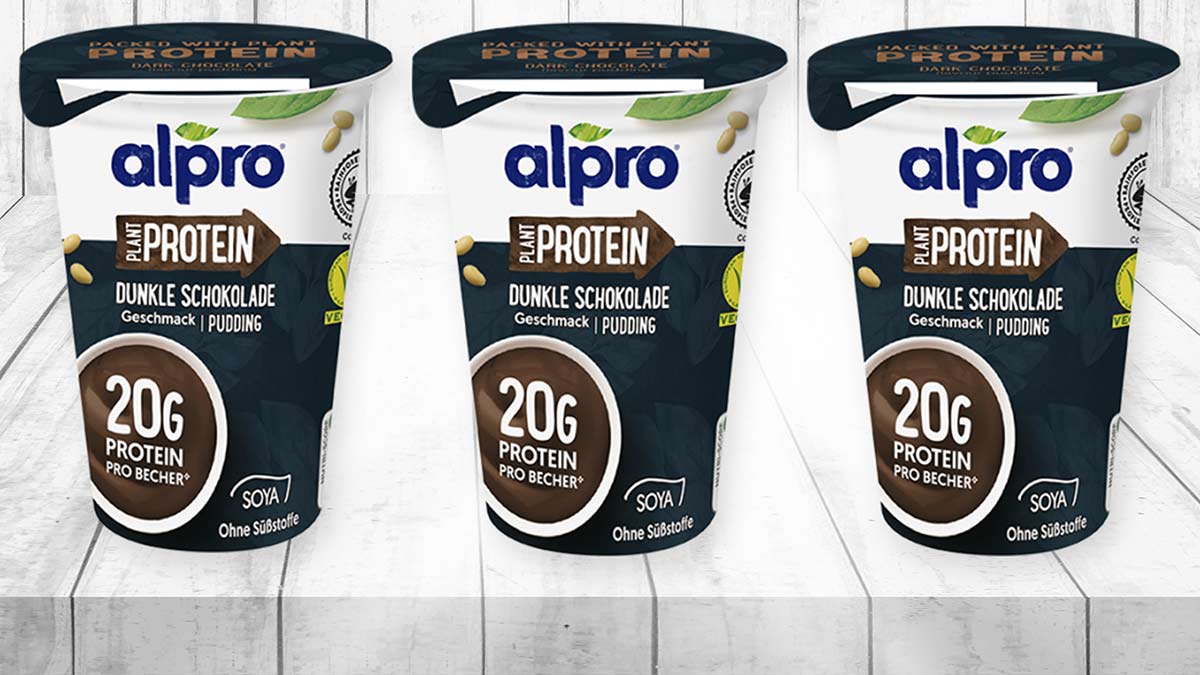 Der Alpro High Protein Pudding ist aus Soja. Alpro Protein Pudding Schoko