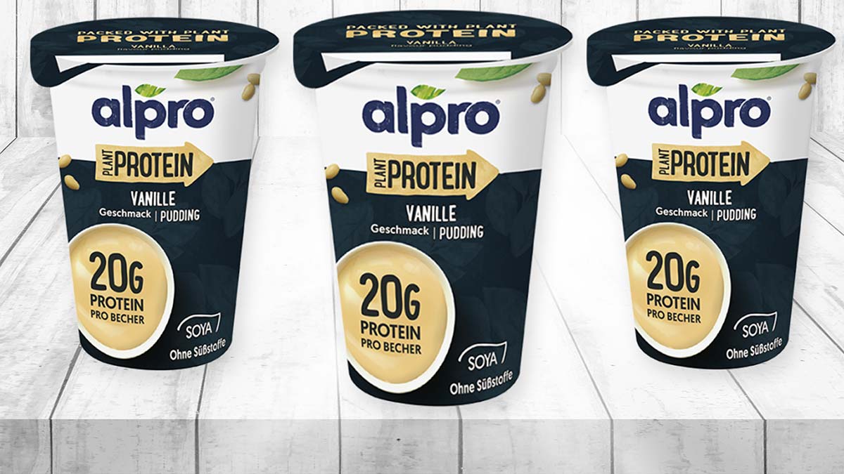 Der Alpro Protein Pudding mit Vanille Geschmack ist aus Soja. Alpro Protein Pudding Vanille