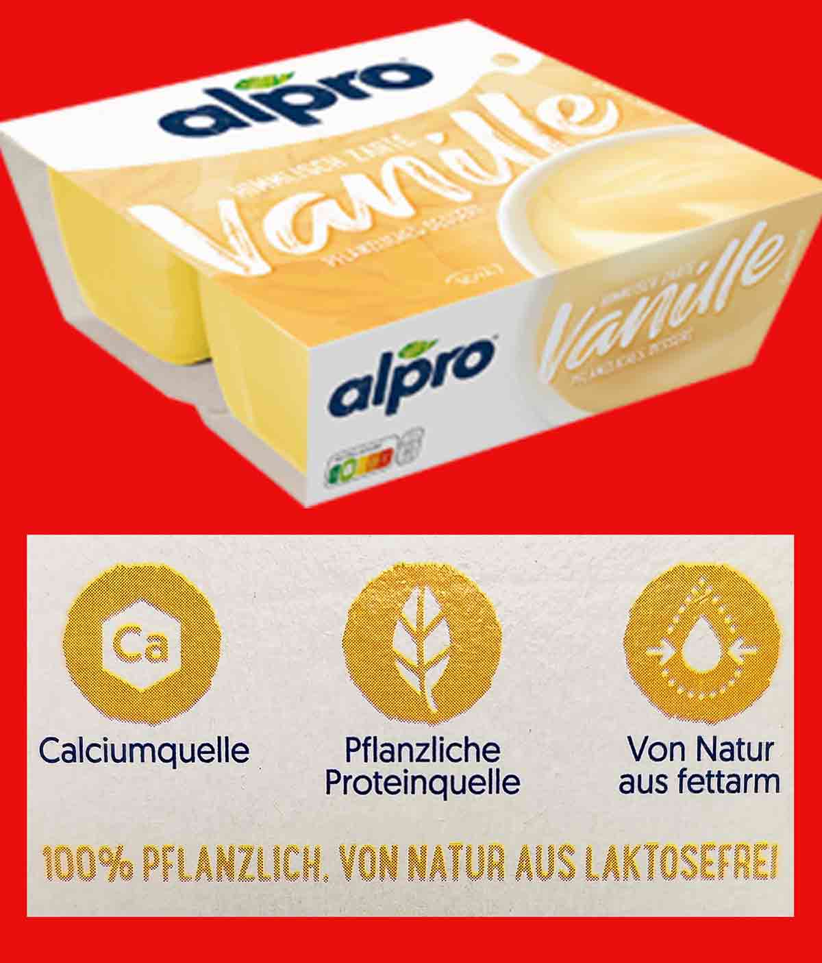 Der alpro Vanille Pudding ist eine Calciumquelle, pflanzliche Proteinquelle, von Natur aus laktosefrei und angereichert mit Vitaminen. alpro Sojadessert Feine Vanille