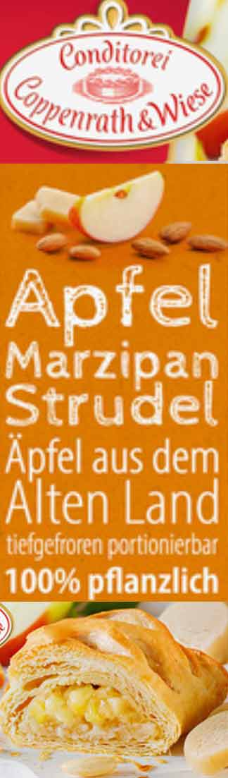 Der vegane Apfel-Marzipan-Strudel von Coppenrath und Wiese ist tiefgefroren portionierbar. Veganer Apfel Marzipan Strudel mit Äpfeln aus dem Alten Land