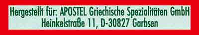 Der Hersteller des veganen Zazikis ist Apostels. Hergestellt für Apostel Griechische Spezialitäten GmbH Heinkelstr. 11, 30827 Garbsen