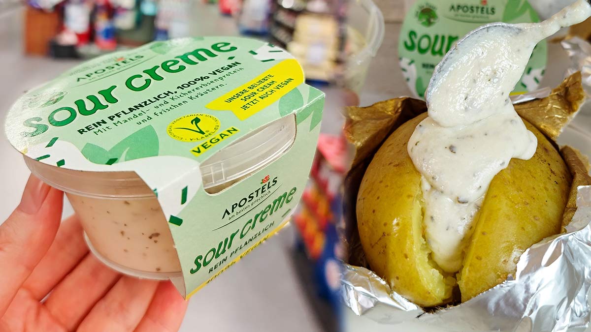 Die vegane Sour Creme von Apostels ist aus Mandel- und Kichererbsenprotein. Vegane Sour Creme von Apostels