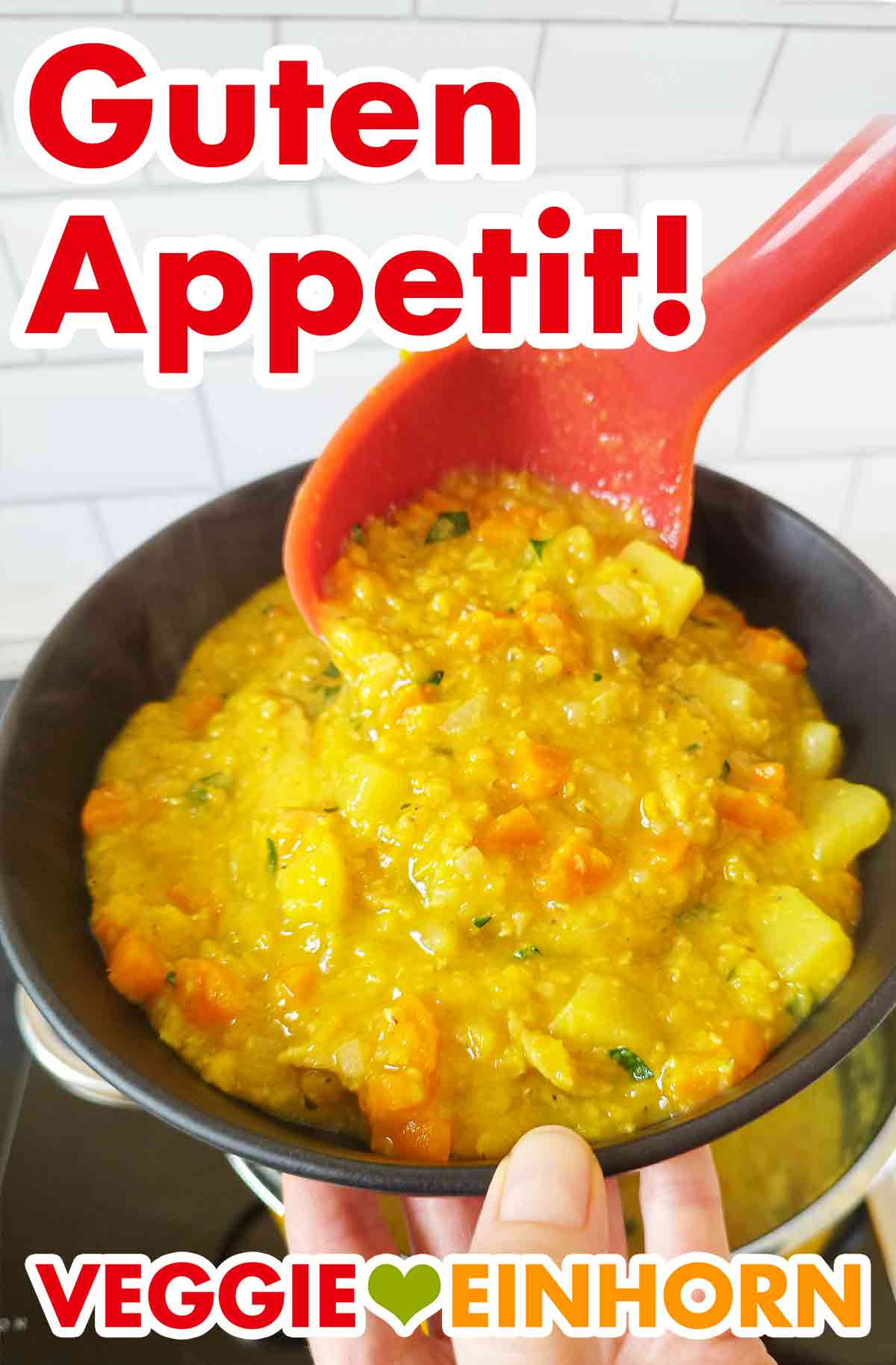 Der Eintopf ist fertig. Guten Appetit! Der Kartoffel Linsen Eintopf mit veganem Hähnchen wird mit einer Kelle auf einen Teller gefüllt.