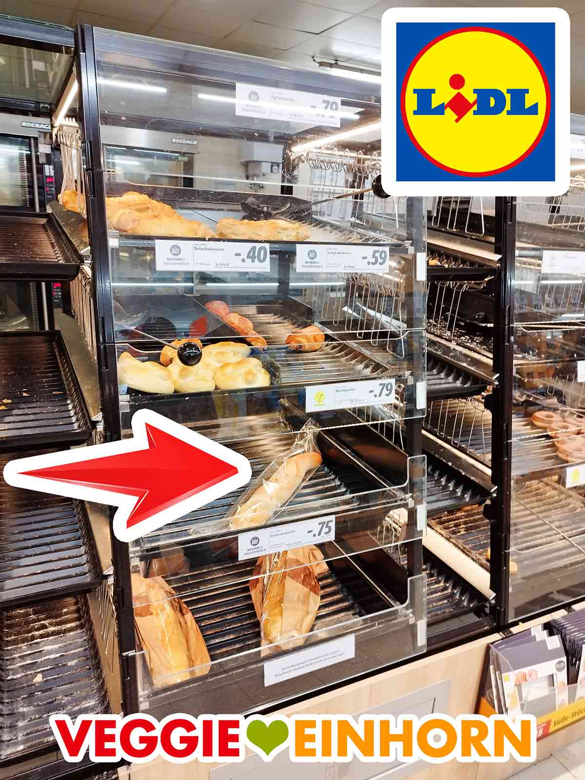 Die vegane Rustiguette gibt es in der Backabteilung bei Lidl. Regal mit Backwaren im Lidl