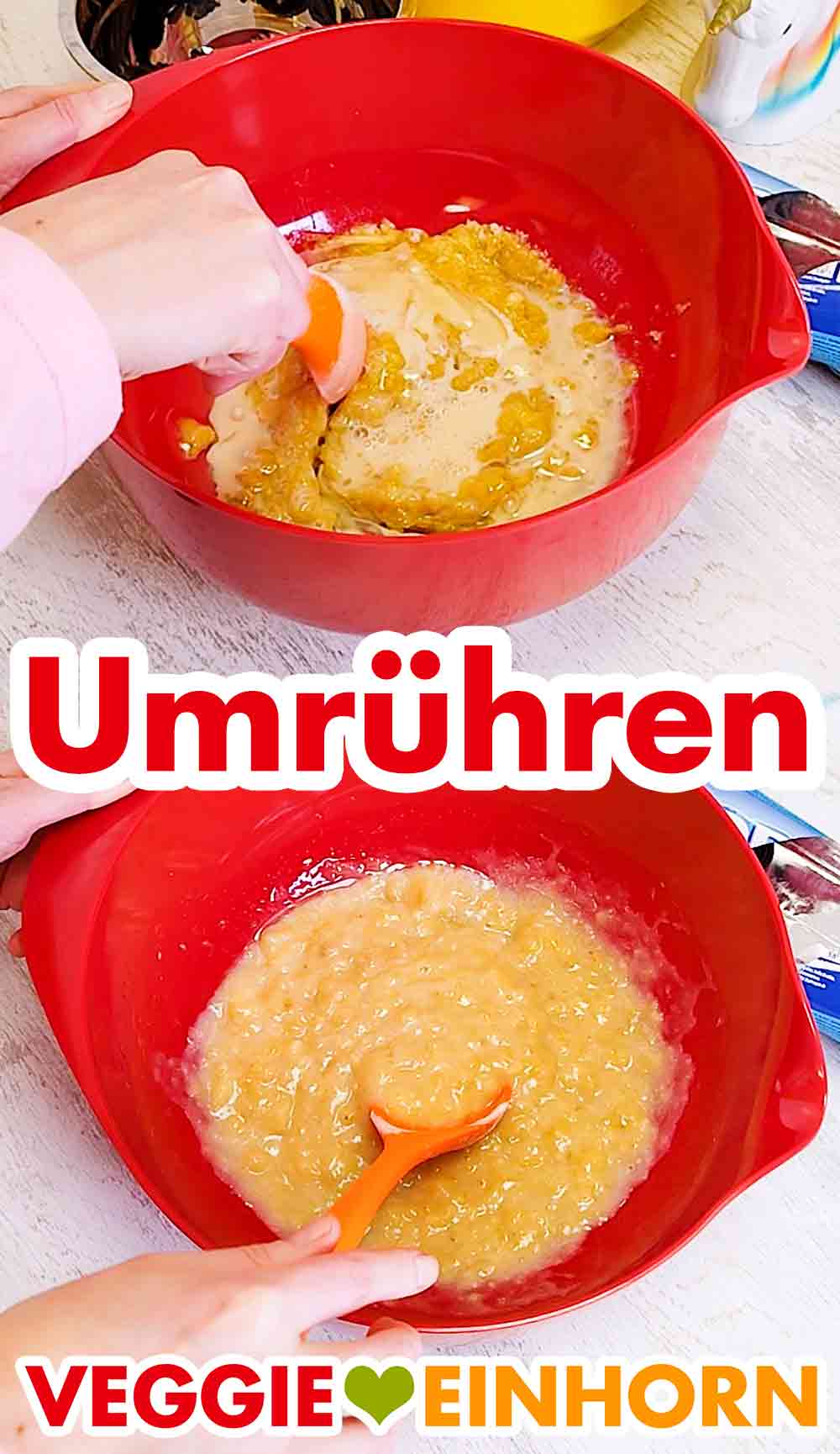 Gut miteinander vermischen. Umrühren der zerstampften Bananen, Öl und veganer Milch